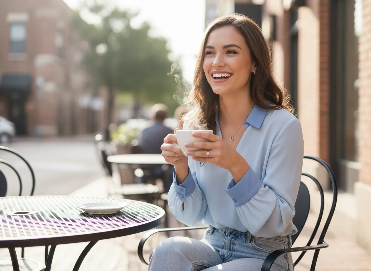 Smiling patient enjoying coffee in Fort Worth